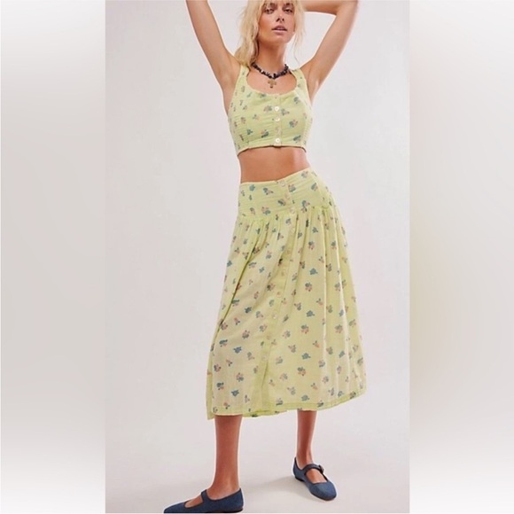 NWT Free People Iris Corset Set M Top Skirt Floral Smocked Lime Combo - Picture 1 of 15